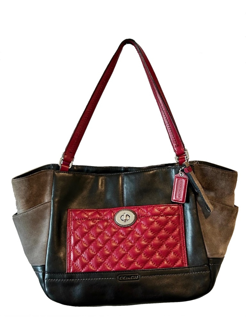 Coach Park Carrie Tote - Leather and Suede Colorblock - Red/Black/Gray - EUC
